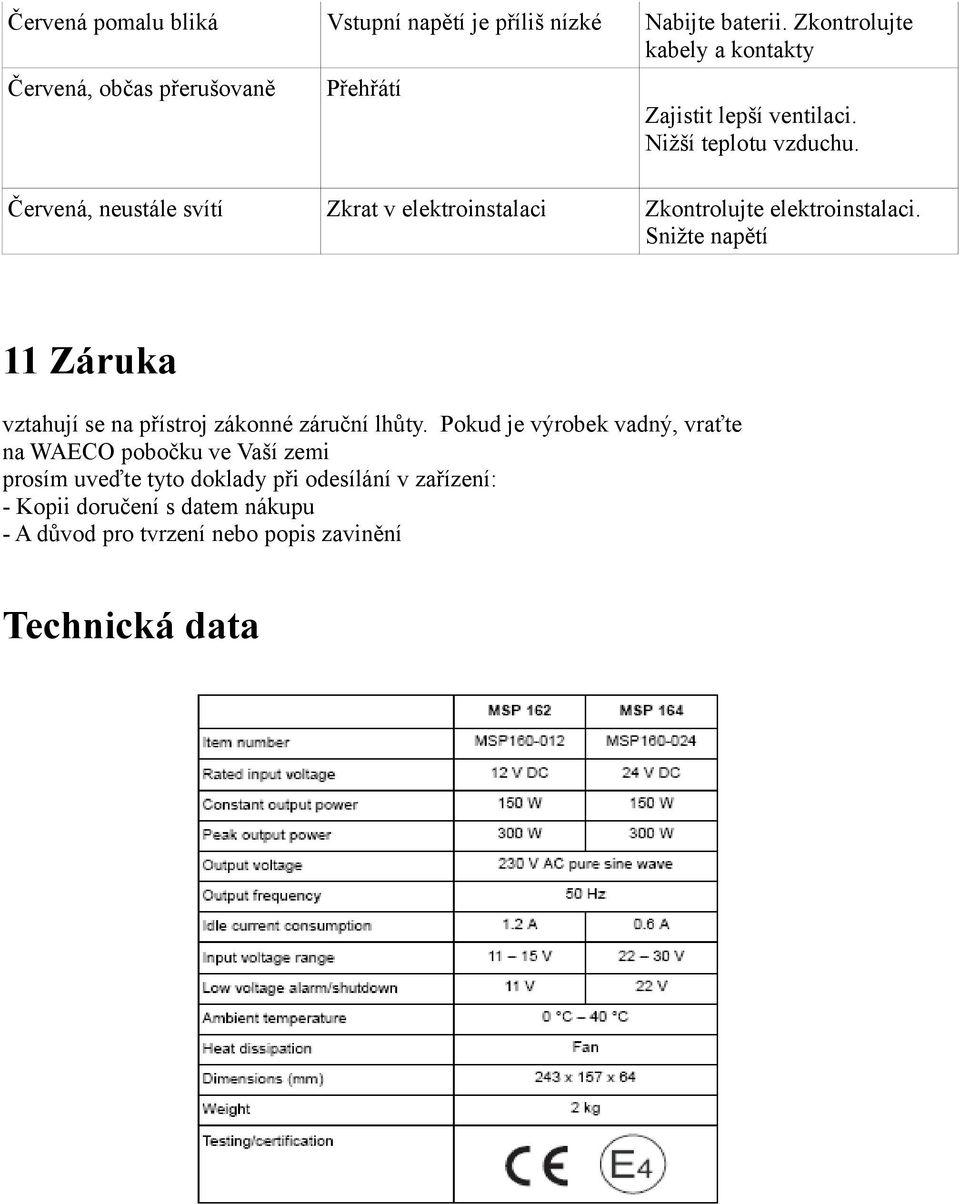 Červená, neustále svítí Zkrat v elektroinstalaci Zkontrolujte elektroinstalaci.