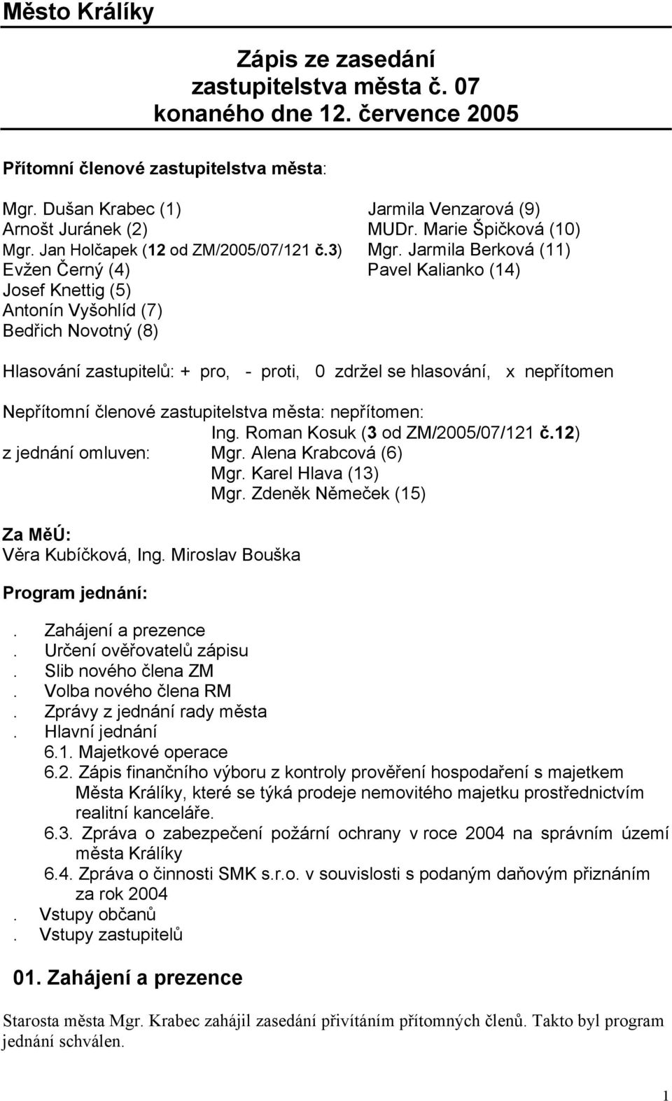 Jarmila Berková (11) Evžen Černý (4) Pavel Kalianko (14) Josef Knettig (5) Antonín Vyšohlíd (7) Bedřich Novotný (8) Hlasování zastupitelů: + pro, - proti, 0 zdržel se hlasování, x nepřítomen