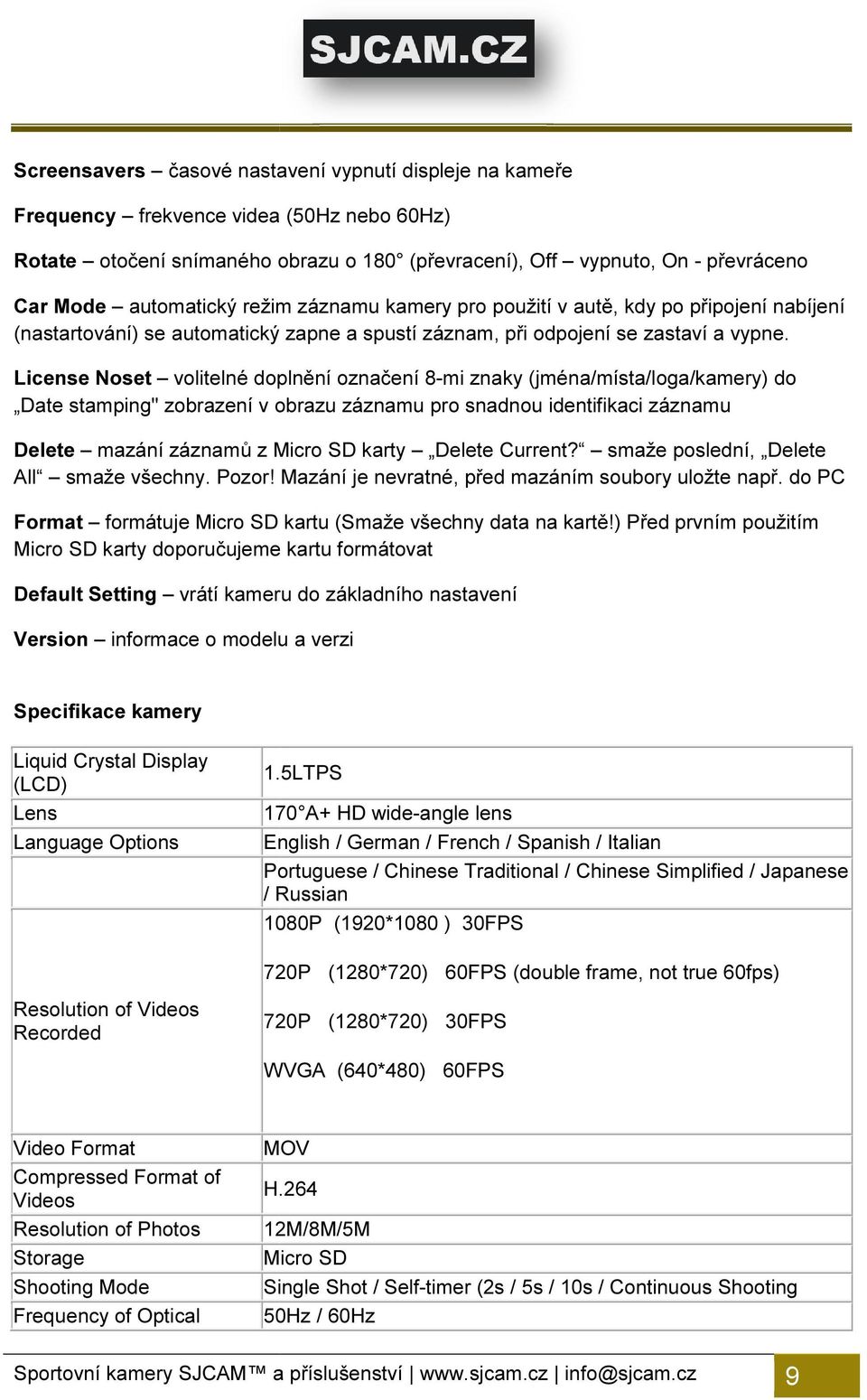 License Noset volitelné doplnění označení 8-mi znaky (jména/místa/loga/kamery) do Date stamping" zobrazení v obrazu záznamu pro snadnou identifikaci záznamu Delete mazání záznamů z Micro SD karty