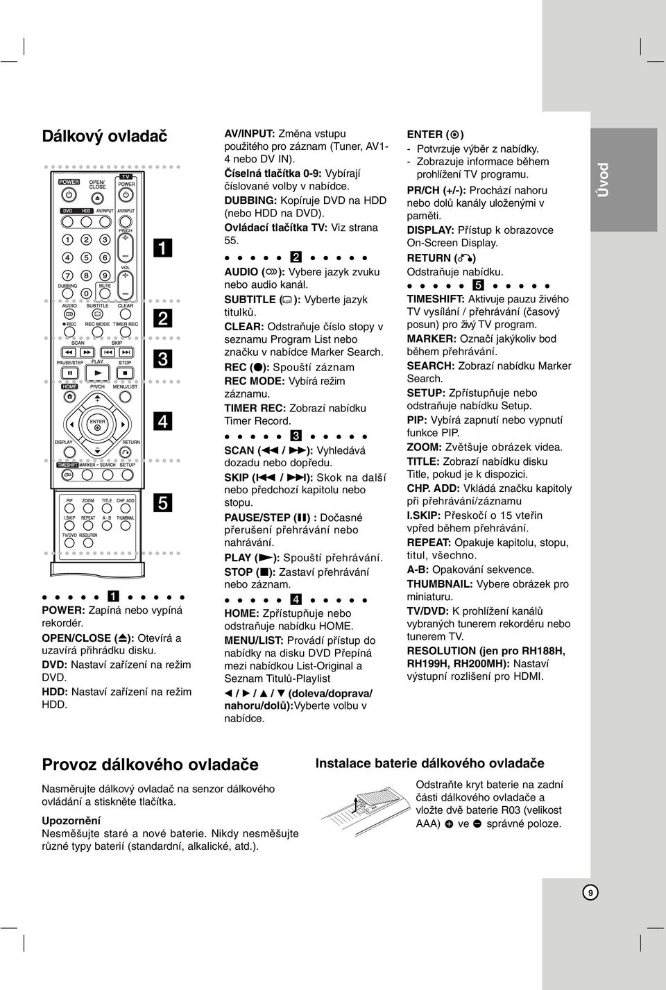 Ovládací tlačítka TV: Viz strana 55. b AUDIO ( ): Vybere jazyk zvuku nebo audio kanál. SUBTITLE ( ): Vyberte jazyk titulků.