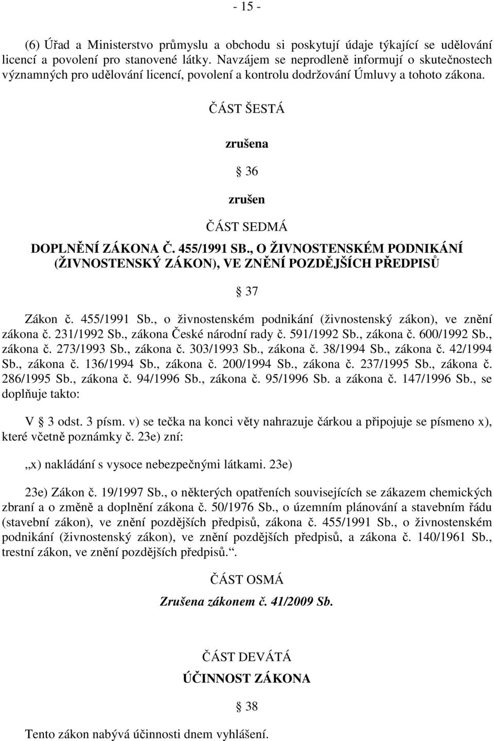 455/1991 SB., O ŽIVNOSTENSKÉM PODNIKÁNÍ (ŽIVNOSTENSKÝ ZÁKON), VE ZNĚNÍ POZDĚJŠÍCH PŘEDPISŮ 37 Zákon č. 455/1991 Sb., o živnostenském podnikání (živnostenský zákon), ve znění zákona č. 231/1992 Sb.