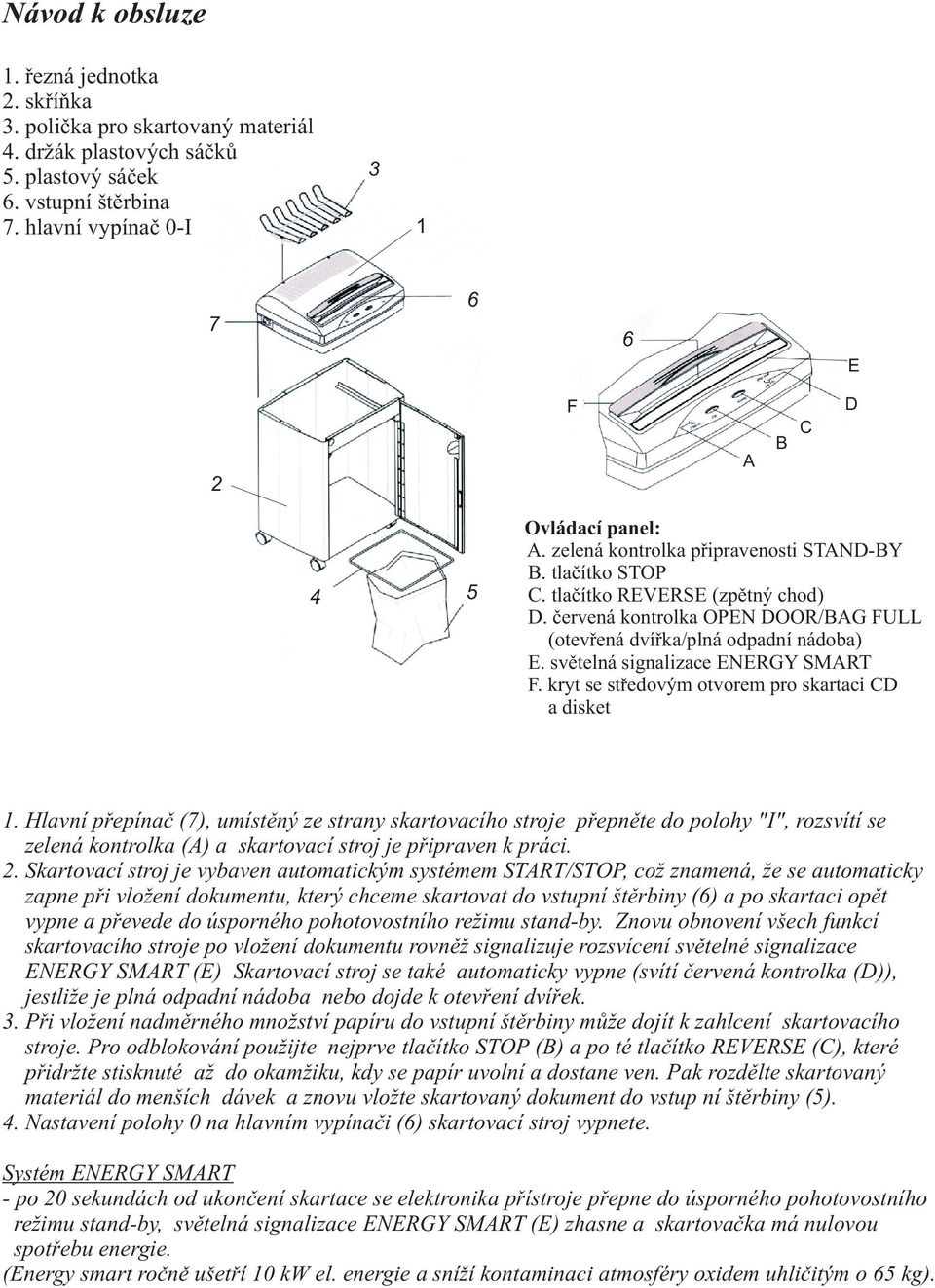 èervená kontrolka OPEN DOOR/BAG FULL (otevøená dvíøka/plná odpadní nádoba) E. svìtelná signalizace ENERGY SMART F. kryt se støedovým otvorem pro skartaci CD a disket 1.