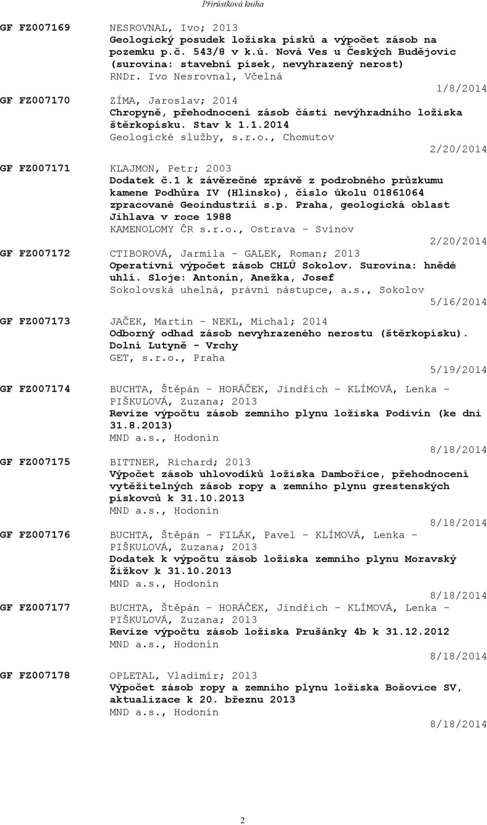 1 k závěrečné zprávě z podrobného průzkumu kamene Podhůra IV (Hlinsko), číslo úkolu 01861064 zpracované Geoindustrií s.p. Praha, geologická oblast Jihlava v roce 1988 KAMENOLOMY ČR s.r.o., Ostrava - Svinov 2/20/2014 GF FZ007172 CTIBOROVÁ, Jarmila - GALEK, Roman; 2013 Operativní výpočet zásob CHLÚ Sokolov.