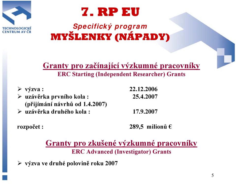 2007 (přijímání návrhů od 1.4.2007) uzávěrka druhého kola : 17.9.