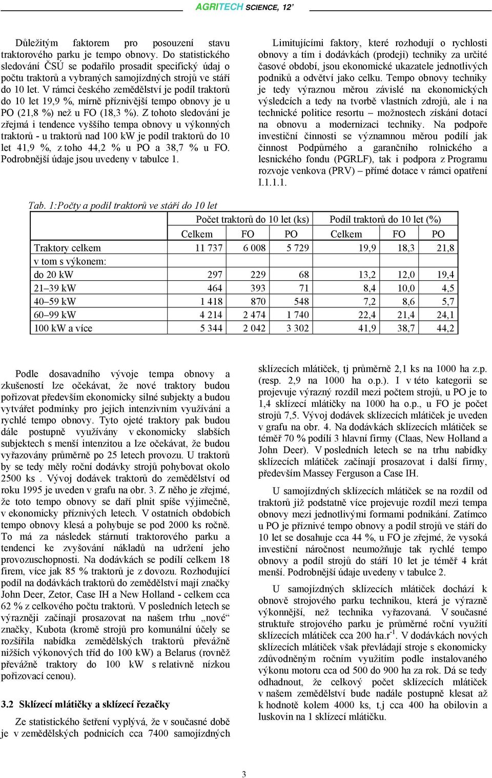 V rámci českého zemědělství je podíl traktorů do 1 let 19,9 %, mírně příznivější tempo obnovy je u PO (21,8 %) než u FO (18,3 %).