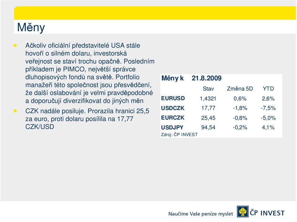 Portfolio manažeři této společnost jsou přesvědčení, že další oslabování je velmi pravděpodobné a doporučují diverzifikovat do jiných měn CZK