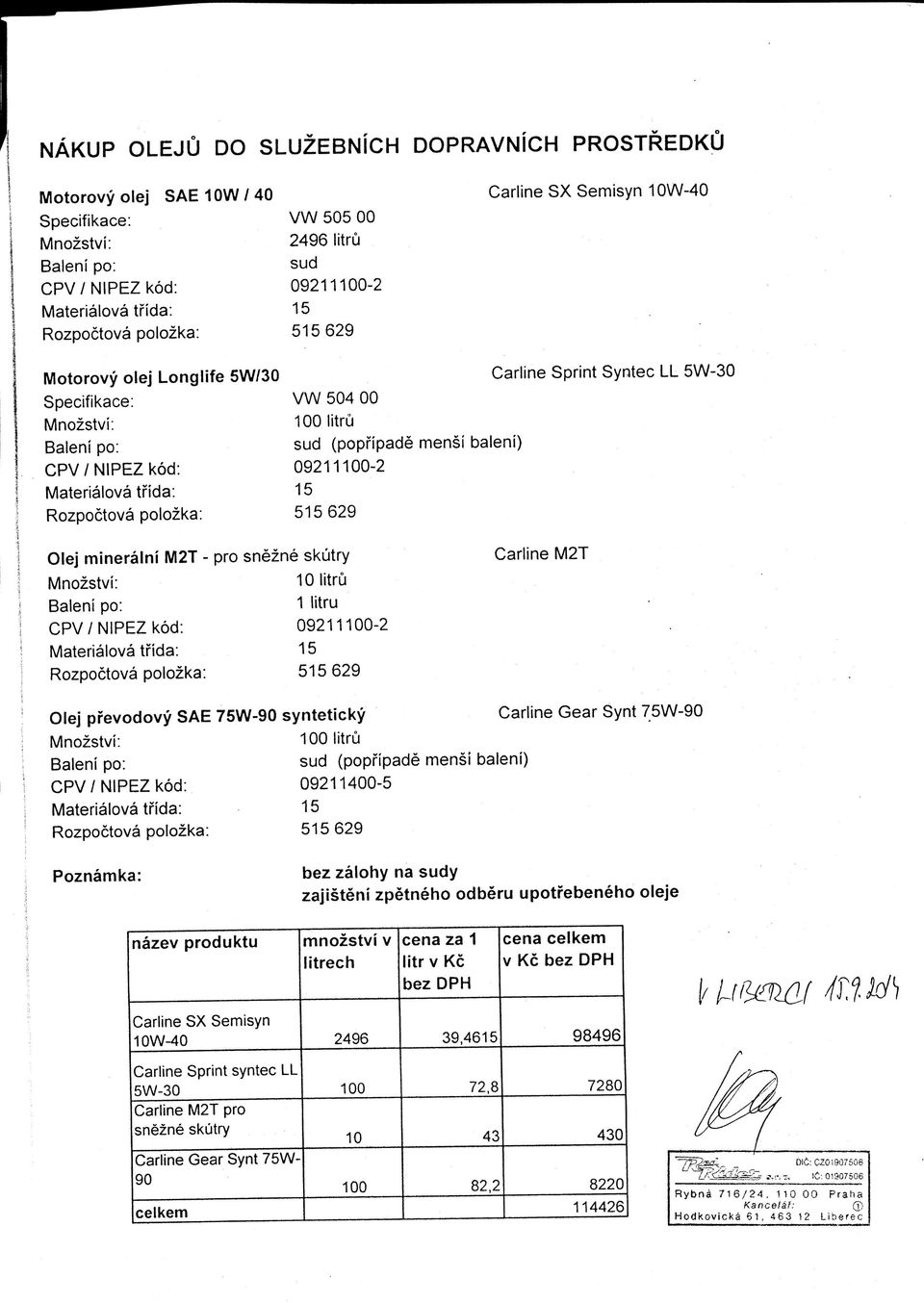 00 100 litru sud (popfipade mensi baleni) 09211100-2 15 515629 Olej mineraini M2T - pro snezne skutry Mnozstvi: 10 litru Baleni po: 1 litru CPV / NIPEZ kod: 09211100-2 Materialova tfida: 15