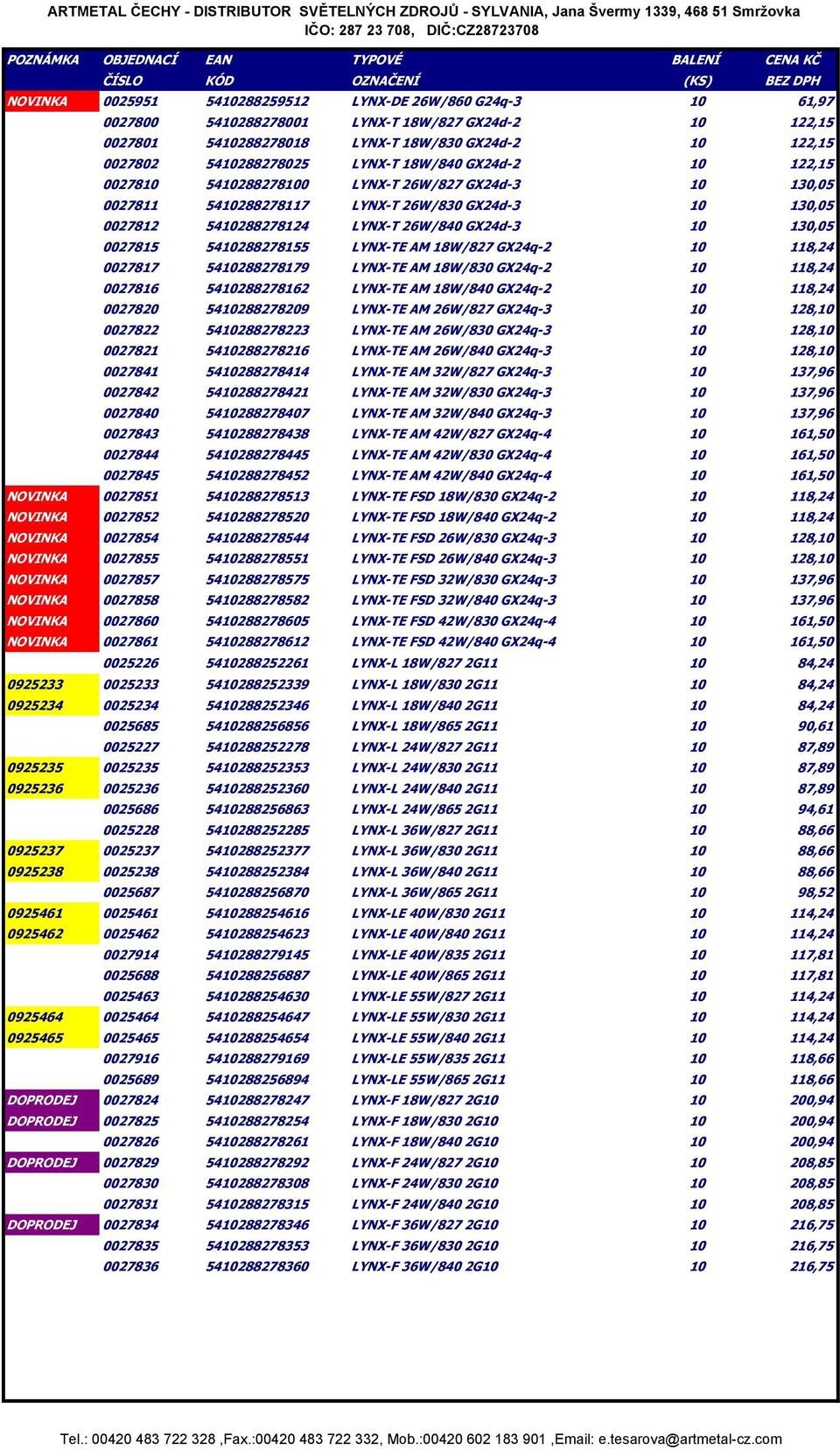 0027815 5410288278155 LYNX-TE AM 18W/827 GX24q-2 10 118,24 0027817 5410288278179 LYNX-TE AM 18W/830 GX24q-2 10 118,24 0027816 5410288278162 LYNX-TE AM 18W/840 GX24q-2 10 118,24 0027820 5410288278209