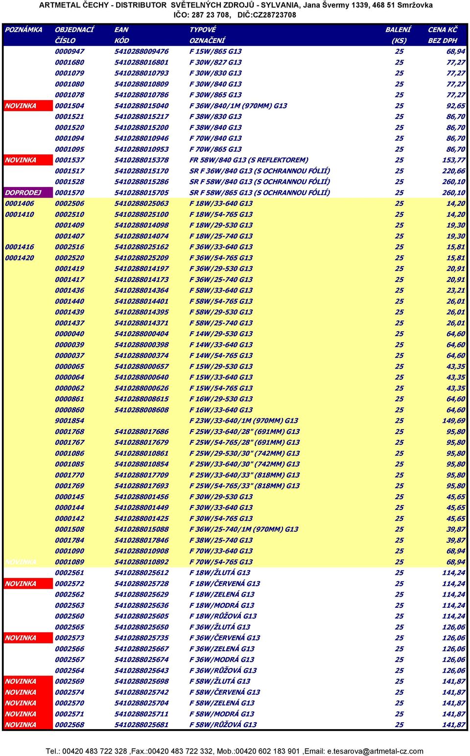 5410288010946 F 70W/840 G13 25 86,70 0001095 5410288010953 F 70W/865 G13 25 86,70 NOVINKA 0001537 5410288015378 FR 58W/840 G13 (S REFLEKTOREM) 25 153,77 0001517 5410288015170 SR F 36W/840 G13 (S