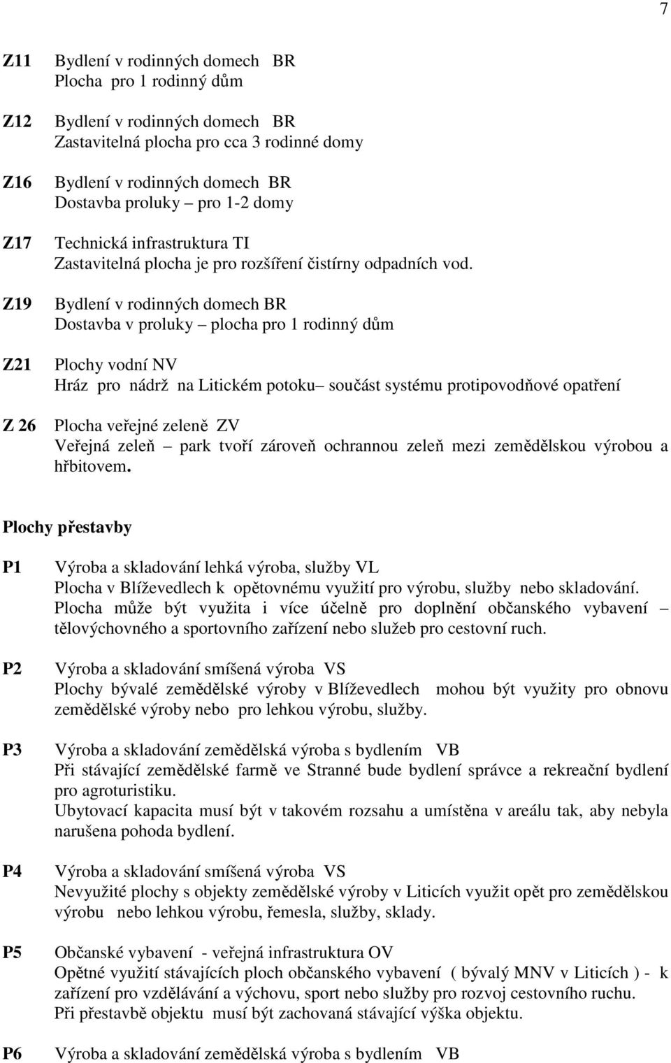 Bydlení v rodinných domech BR Dostavba v proluky plocha pro 1 rodinný dům Plochy vodní NV Hráz pro nádrž na Litickém potoku součást systému protipovodňové opatření Plocha veřejné zeleně ZV Veřejná