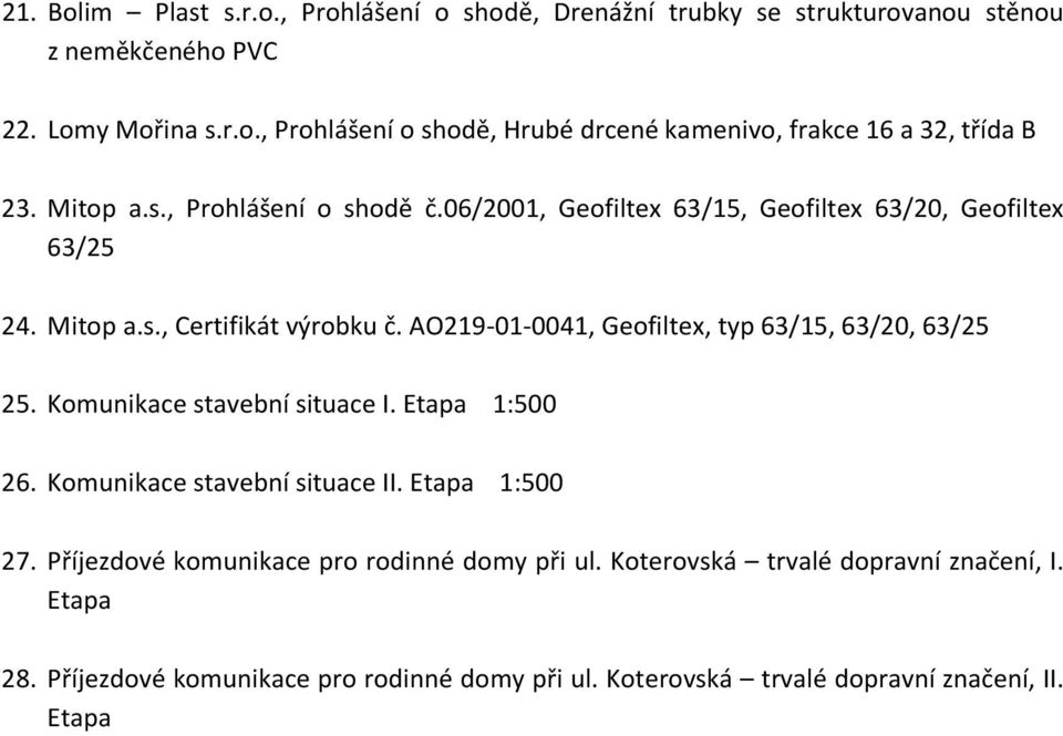 AO219-01-0041, Geofiltex, typ 63/15, 63/20, 63/25 25. Komunikace stavební situace I. Etapa 1:500 26. Komunikace stavební situace II. Etapa 1:500 27.