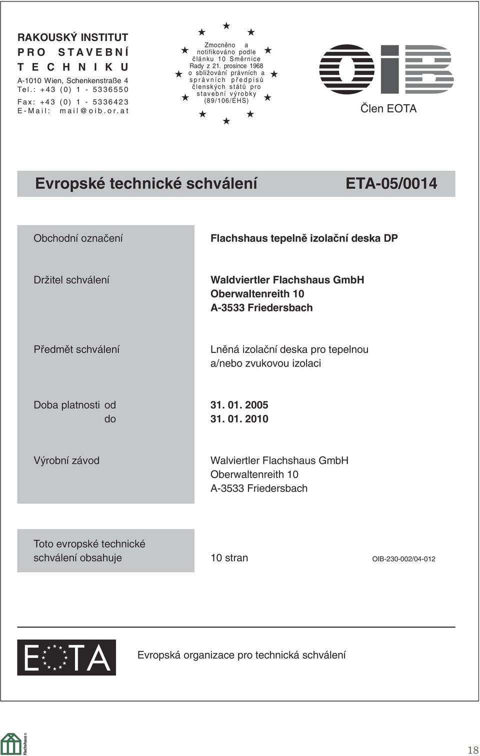 prosince 1968 o sbliïování právních a správních pfiedpisû ãlensk ch státû pro stavební v robky (89/106/EHS) âlen EOTA Evropské technické schválení ETA-05/0014 Obchodní oznaãení Flachshaus tepelnû