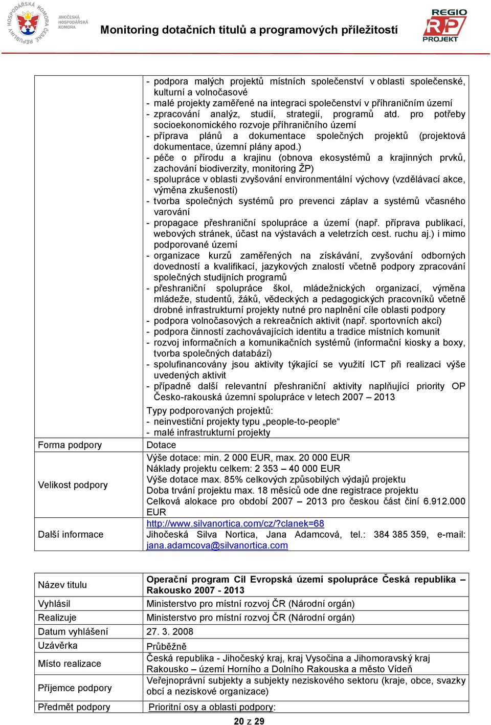 ) - péče o přírodu a krajinu (obnova ekosystémů a krajinných prvků, zachování biodiverzity, monitoring ŽP) - spolupráce v oblasti zvyšování environmentální výchovy (vzdělávací akce, výměna