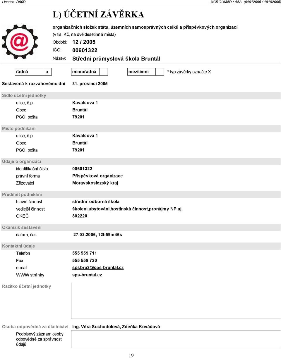 prosinci 2005 Sídlo účetní jednotky ulice, č.p. Kavalcova 1 Obec Bruntál PSČ, pošta 79201 Místo podnikání ulice, č.p. Kavalcova 1 Obec Bruntál PSČ, pošta 79201 Údaje o organizaci identifikační číslo