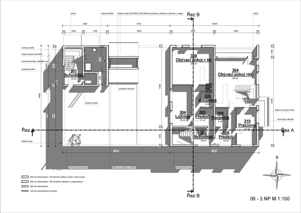 Ložnice Předsíň Koupelna 15 m² 11 m² 307 WC 2 m² 306 Koupelna 4 m² 14 m² 10 m² 304 Obývací pokoj +kk 4 m² 302 309 Schodiště Předsíň 40 m² 310 Pracovna 14 m² 200 12100 200 1300 balkony různých tvarů