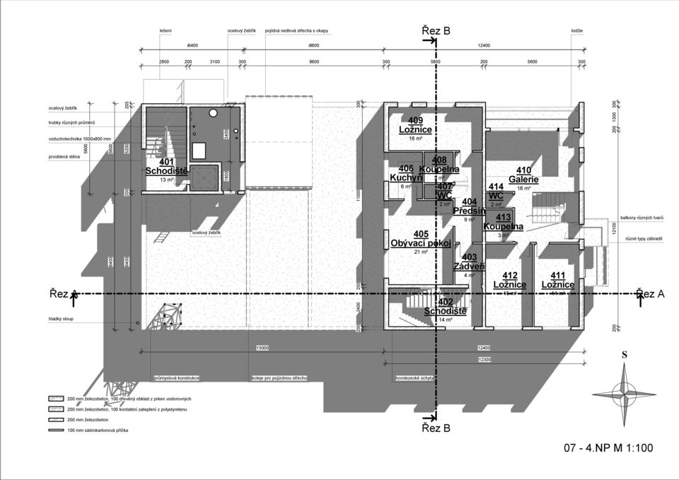 m² Předsíň 9 m² 413 Koupelna 405 3 m² Obývací pokoj 21 m² 402 Schodiště 14 m² 403 Zádveří 4 m² 412 Ložnice 15 m² 411 Ložnice 14 m² 200 12100 200 1300 balkony různých tvarů různé typy zábradlí Řez A