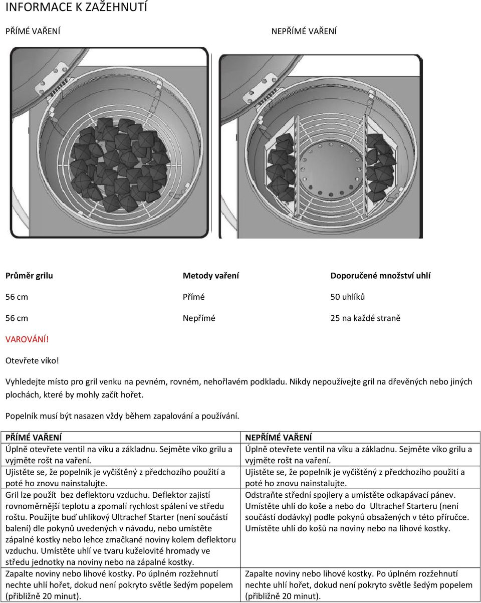 Popelník musí být nasazen vždy během zapalování a používání. PŘÍMÉ VAŘENÍ Úplně otevřete ventil na víku a základnu. Sejměte víko grilu a vyjměte rošt na vaření.