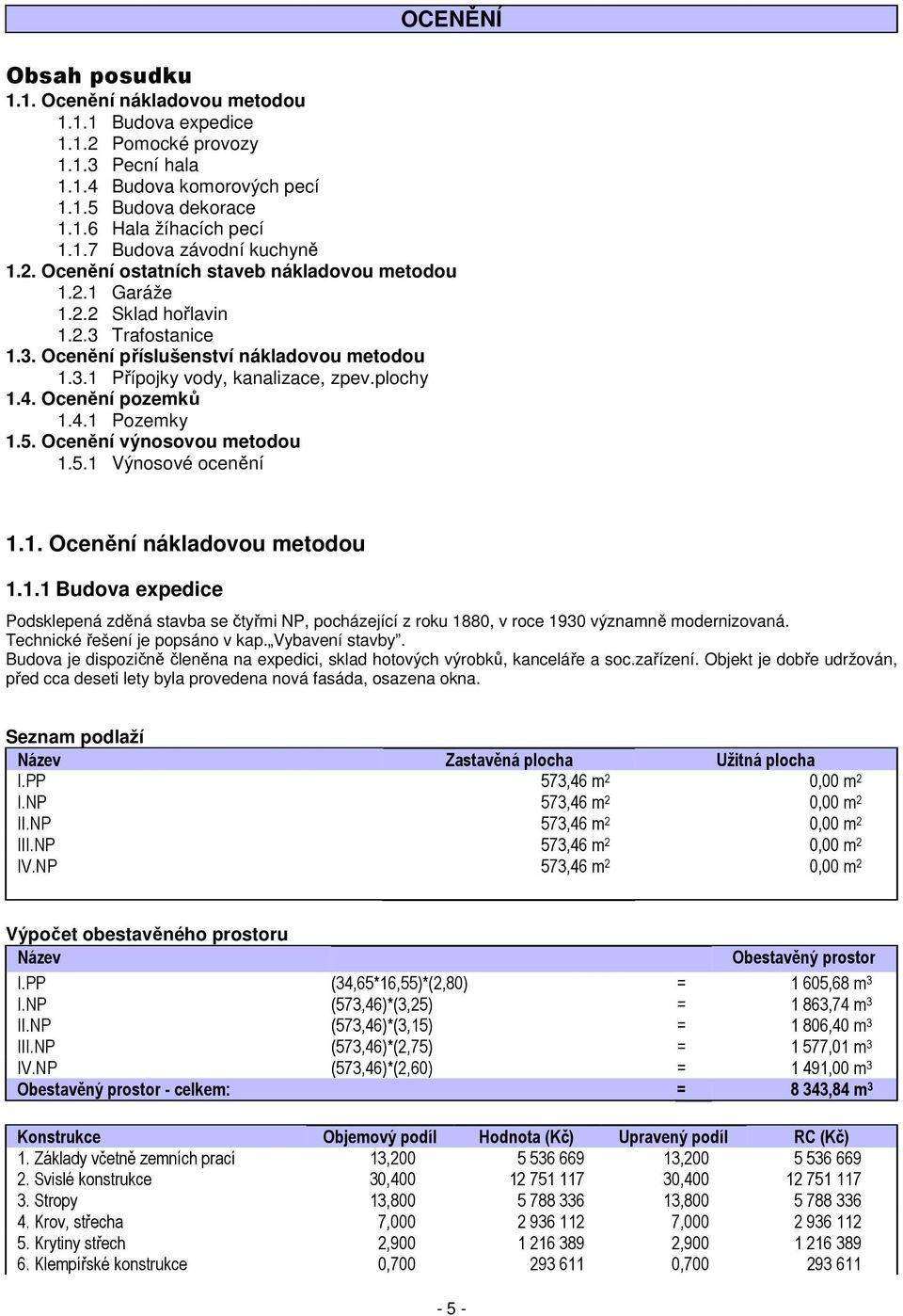 Ocenění pozemků 1.4.1 Pozemky 1.5. Ocenění výnosovou metodou 1.5.1 Výnosové ocenění 1.1. Ocenění nákladovou metodou 1.1.1 Budova expedice Podsklepená zděná stavba se čtyřmi NP, pocházející z roku 1880, v roce 1930 významně modernizovaná.