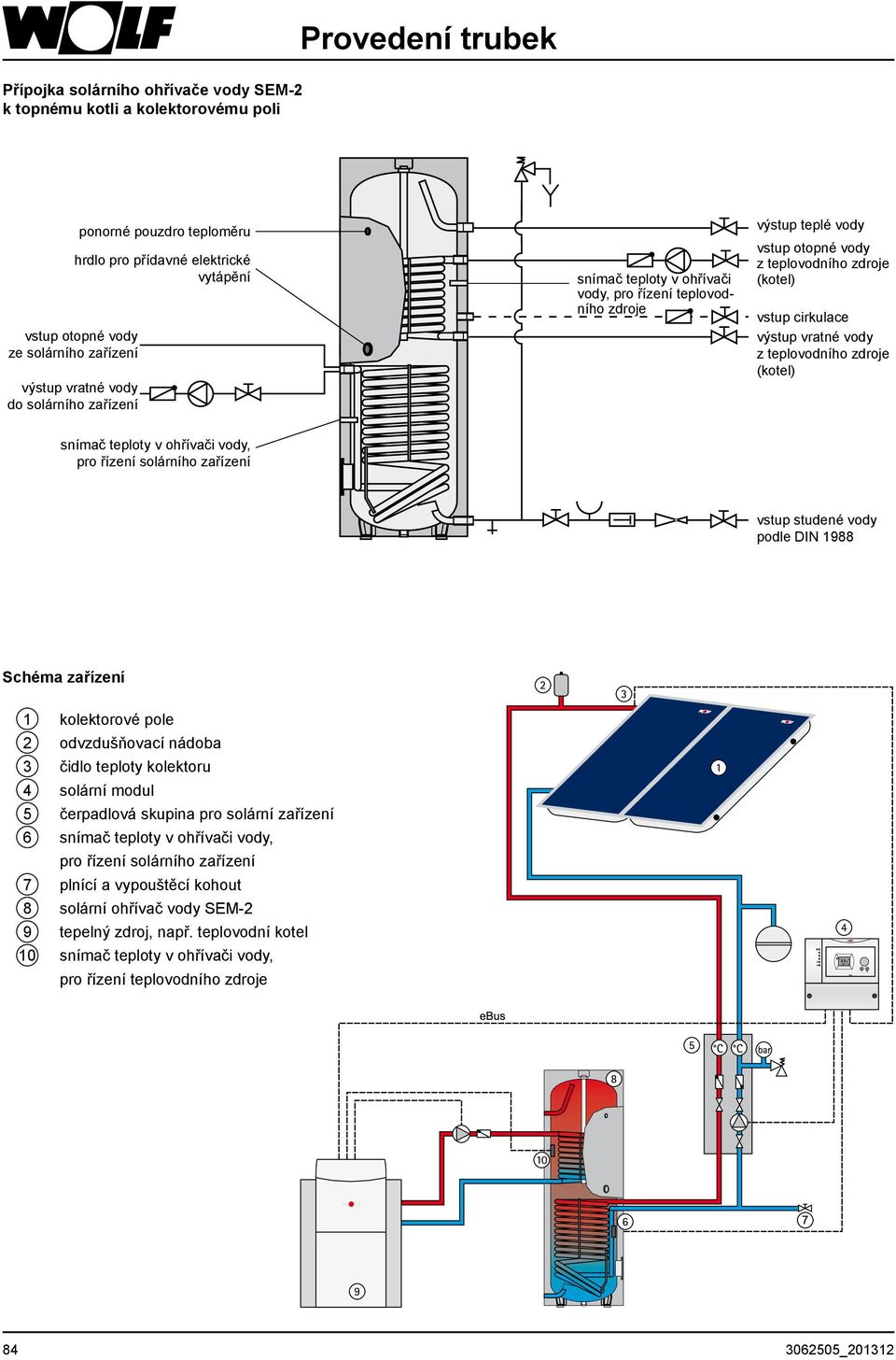 vody z teplovodního zdroje (kotel) snímač teploty v ohřívači vody, pro řízení solárního zařízení vstup studené vody podle DIN 1988 Schéma zařízení 1 kolektorové pole 2 odvzdušňovací nádoba 3 čidlo