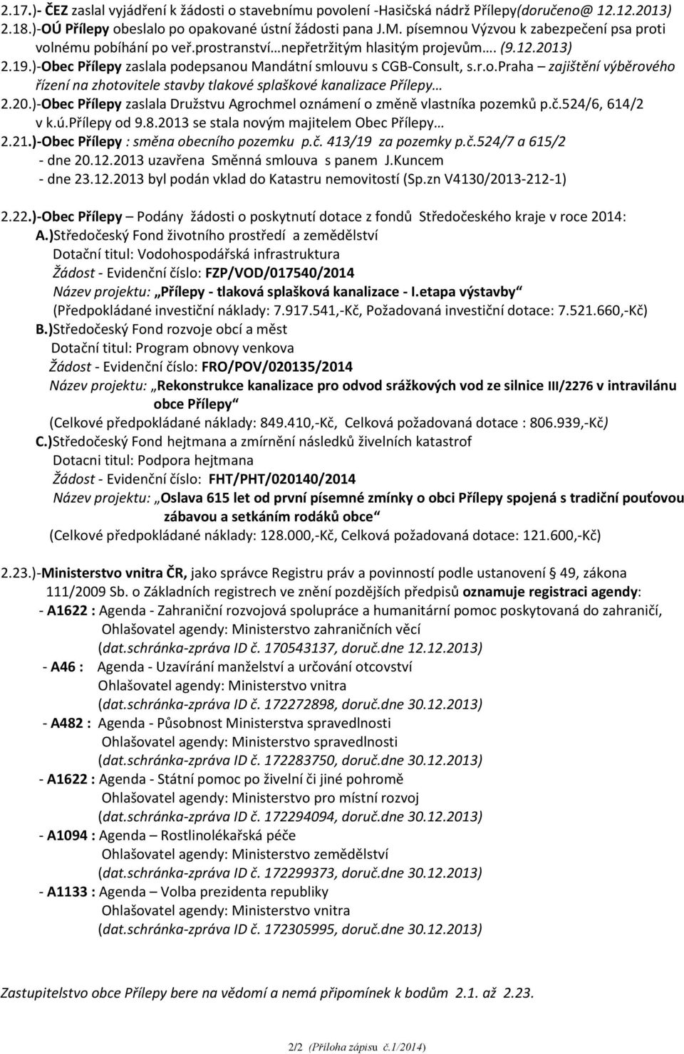 20.)-Obec Přílepy zaslala Družstvu Agrochmel oznámení o změně vlastníka pozemků p.č.524/6, 614/2 v k.ú.přílepy od 9.8.2013 se stala novým majitelem Obec Přílepy 2.21.