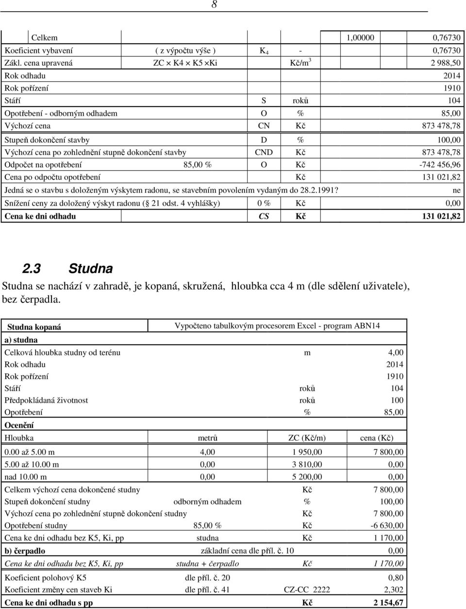 Výchozí cena po zohlednění stupně dokončení stavby CND Kč 873 478,78 Odpočet na opotřebení 85,00 % O Kč -742 456,96 Cena po odpočtu opotřebení Kč 131 021,82 Jedná se o stavbu s doloženým výskytem