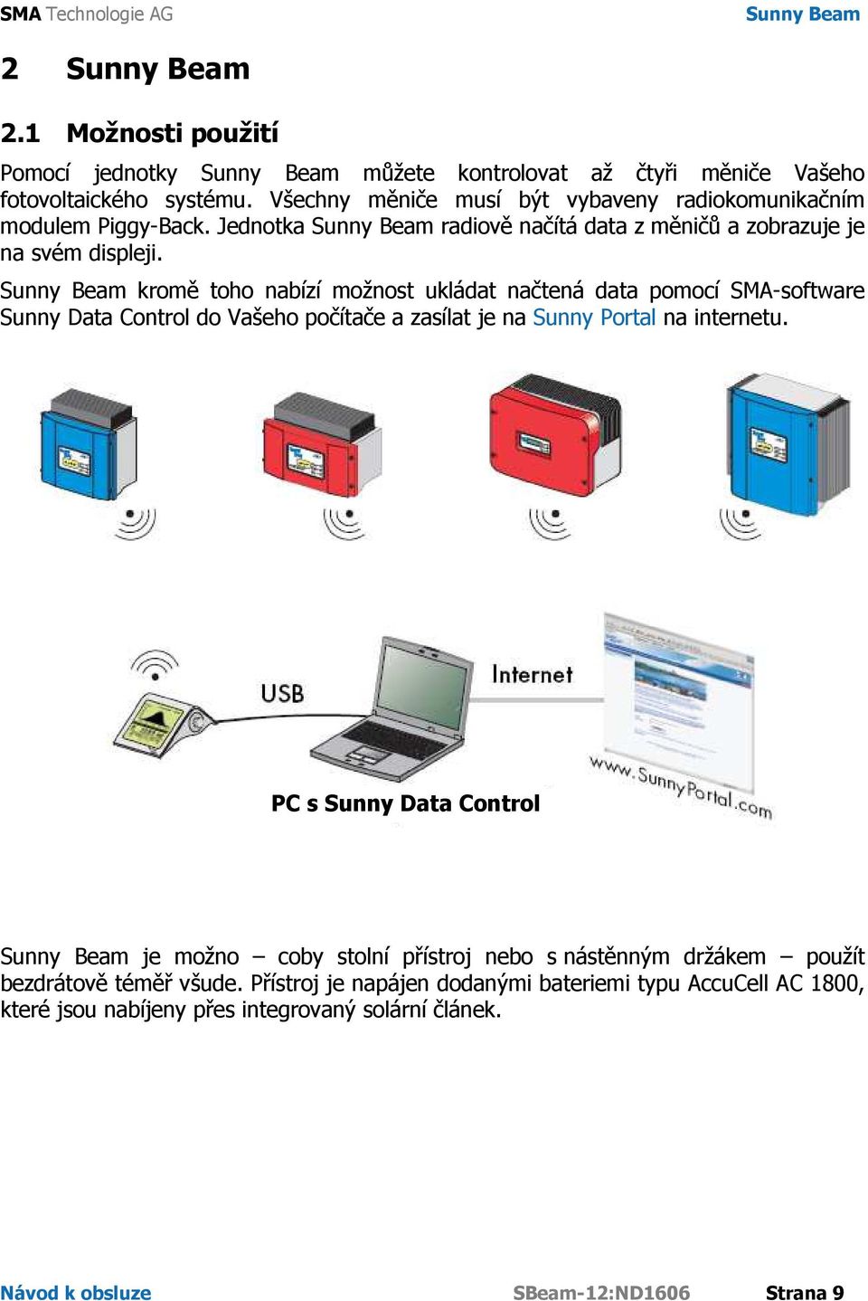 Sunny Beam kromě toho nabízí možnost ukládat načtená data pomocí SMA-software Sunny Data Control do Vašeho počítače a zasílat je na Sunny Portal na internetu.