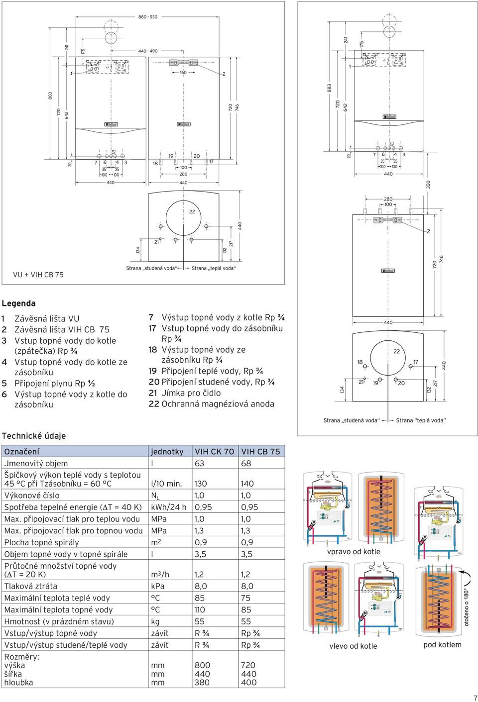čidlo 22 Ochranná magnéziová anoda Technické údaje Označení jednotky VIH CK 70 VIH CB 75 Jmenovitý objem l 63 68 Špičkový výkon teplé vody s teplotou 45 C při Tzásobníku = 60 C l/10 min.