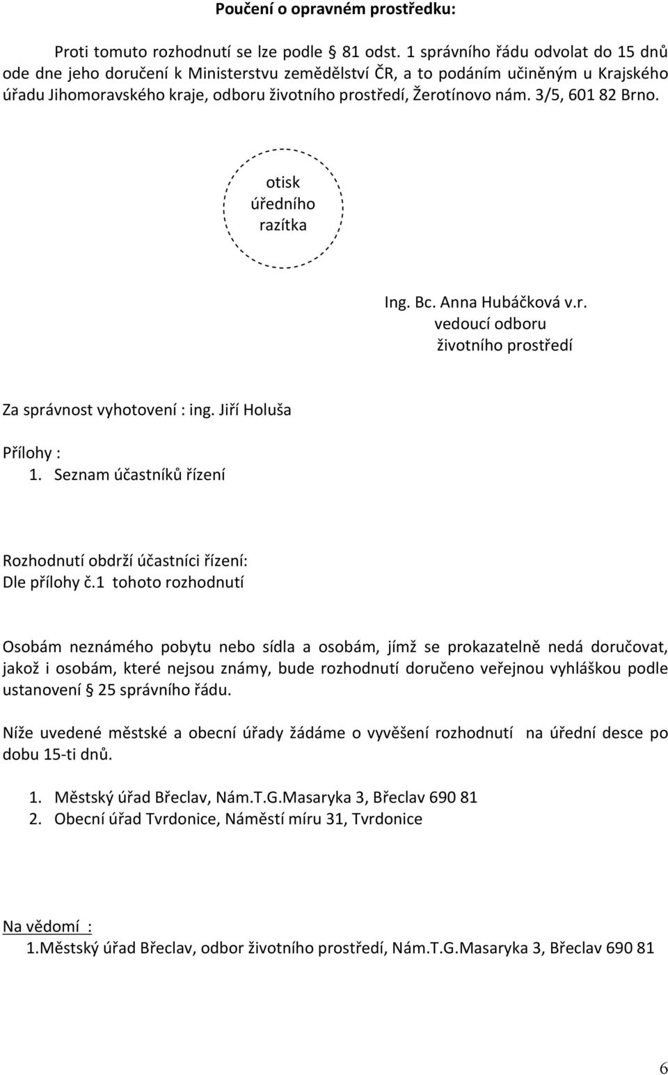 3/5, 601 82 Brno. otisk úředního razítka Ing. Bc. Anna Hubáčková v.r. vedoucí odboru životního prostředí Za správnost vyhotovení : ing. Jiří Holuša Přílohy : 1.