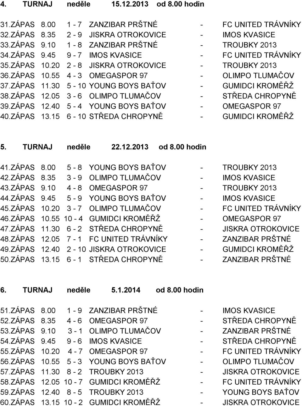 30 5-10 YOUNG BOYS BAŤOV - GUMIDCI KROMĚŘŽ 38.ZÁPAS 12.05 3-6 OLIMPO TLUMAČOV - STŘEDA CHROPYNĚ 39.ZÁPAS 12.40 5-4 YOUNG BOYS BAŤOV - OMEGASPOR 97 40.ZÁPAS 13.