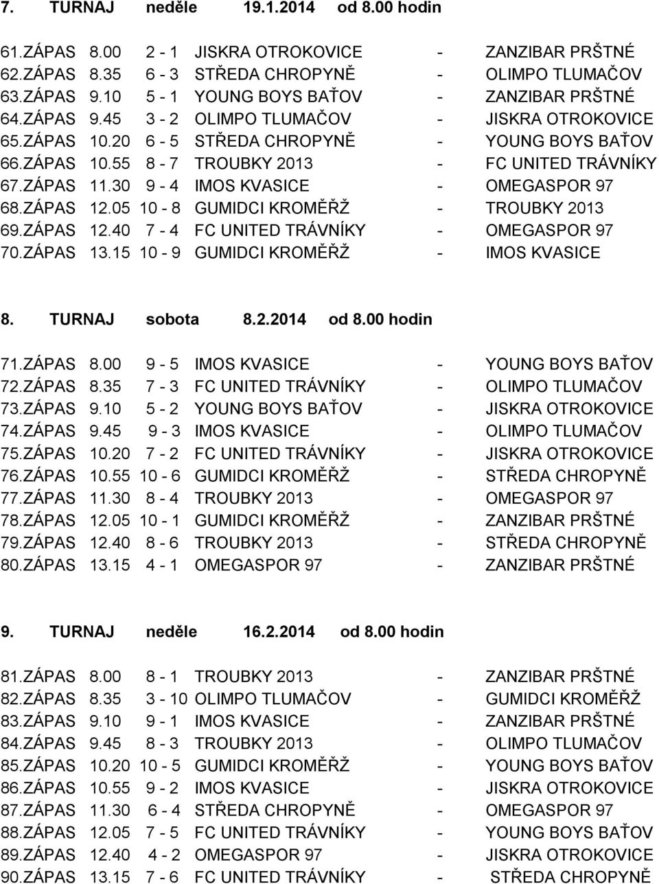 ZÁPAS 11.30 9-4 IMOS KVASICE - OMEGASPOR 97 68.ZÁPAS 12.05 10-8 GUMIDCI KROMĚŘŽ - TROUBKY 2013 69.ZÁPAS 12.40 7-4 FC UNITED TRÁVNÍKY - OMEGASPOR 97 70.ZÁPAS 13.