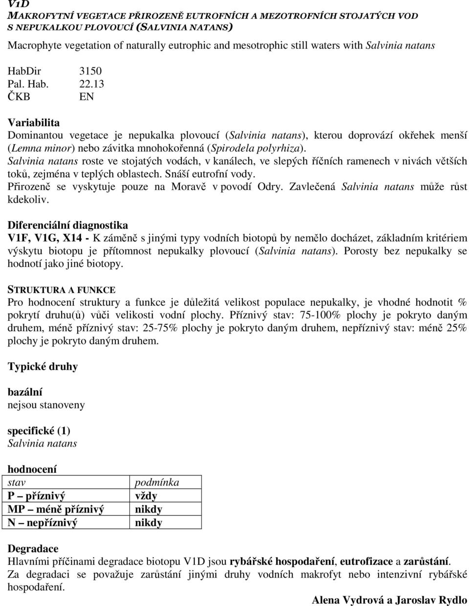 13 ČKB EN Variabilita Dominantou vegetace je nepukalka plovoucí (Salvinia natans), kterou doprovází okřehek menší (Lemna minor) nebo závitka mnohokořenná (Spirodela polyrhiza).