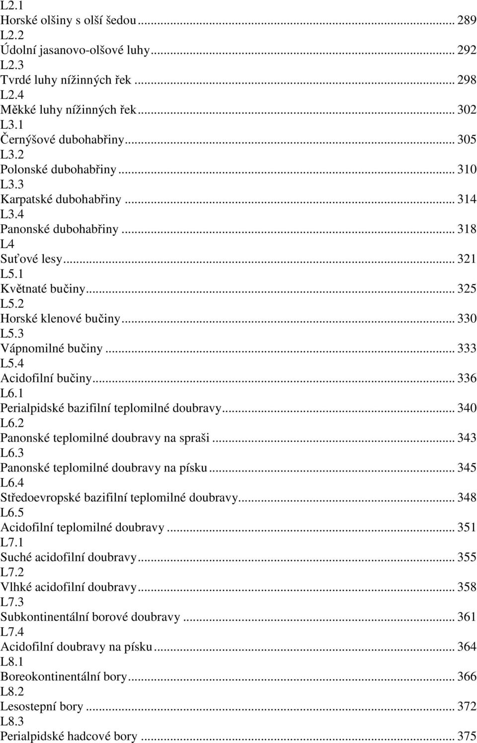 3 Vápnomilné bučiny... 333 L5.4 Acidofilní bučiny... 336 L6.1 Perialpidské bazifilní teplomilné doubravy... 340 L6.2 Panonské teplomilné doubravy na spraši... 343 L6.