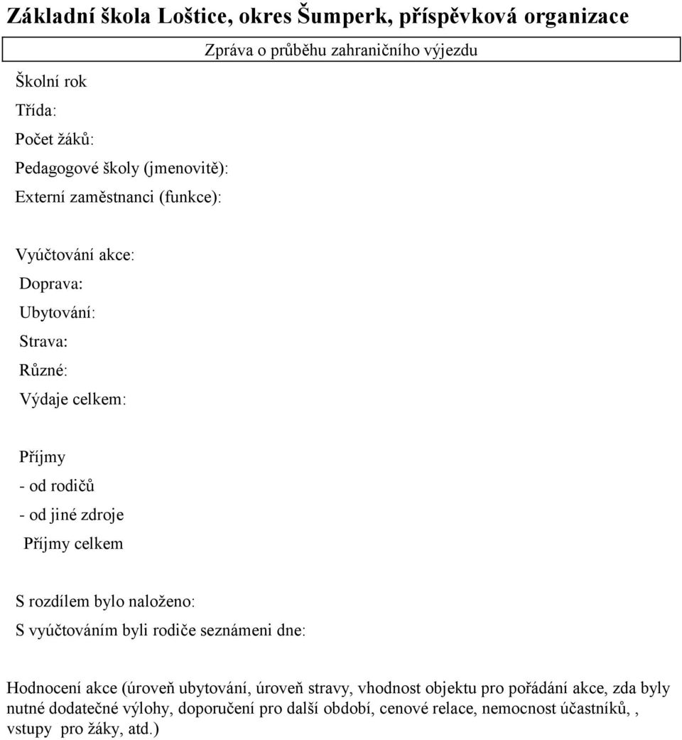 bylo naloženo: S vyúčtováním byli rodiče seznámeni dne: Hodnocení akce (úroveň ubytování, úroveň stravy, vhodnost objektu pro