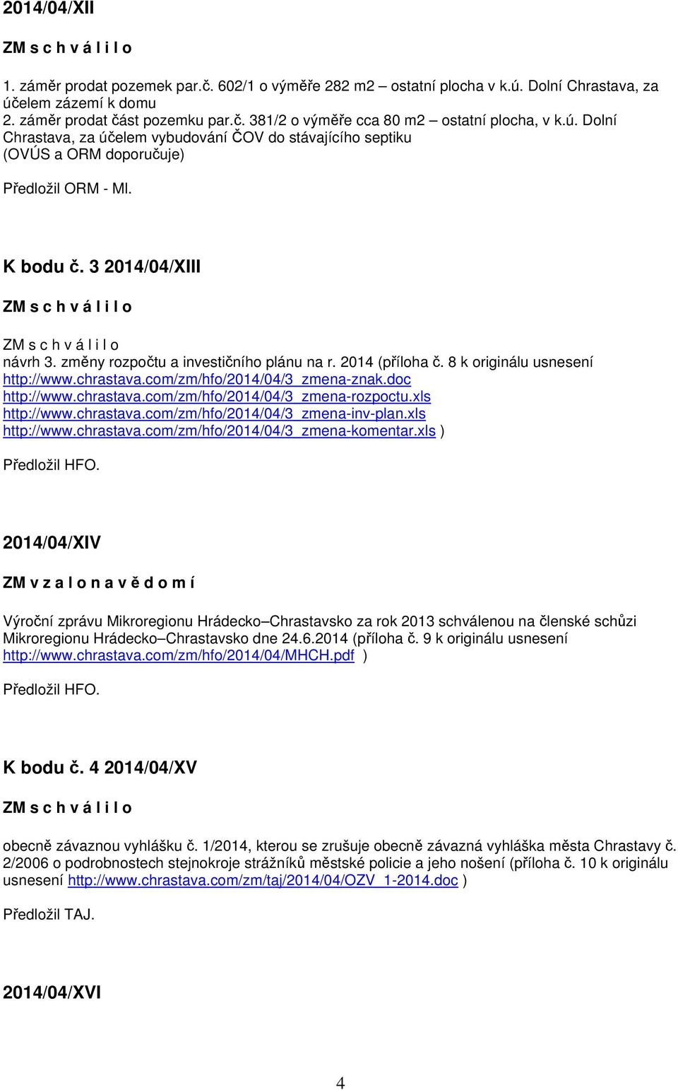 8 k originálu usnesení http://www.chrastava.com/zm/hfo/2014/04/3_zmena-znak.doc http://www.chrastava.com/zm/hfo/2014/04/3_zmena-rozpoctu.xls http://www.chrastava.com/zm/hfo/2014/04/3_zmena-inv-plan.