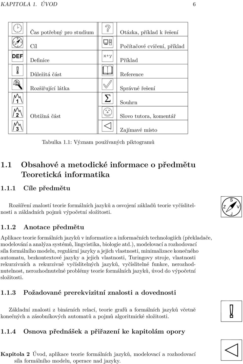 komentář Zajímavé místo Tabulka 1.1: Význam používaných piktogramů 1.1 Obsahové a metodické informace o předmětu Teoretická informatika 1.1.1 Cíle předmětu Rozšíření znalostí teorie formálních jazyků a osvojení základů teorie vyčíslitelnosti a základních pojmů výpočetní složitosti.