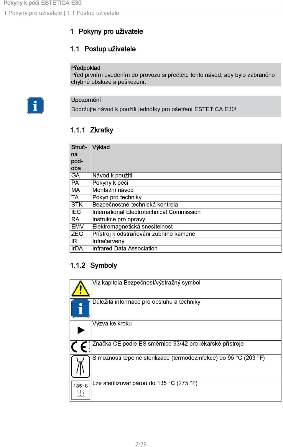1.1.1 Zkratky Stručná podoba GA PA MA TA STK IEC RA EMV ZEG IR IrDA Výklad Návod k použití Pokyny k péči Montážní návod Pokyn pro techniky Bezpečnostně-technická kontrola International