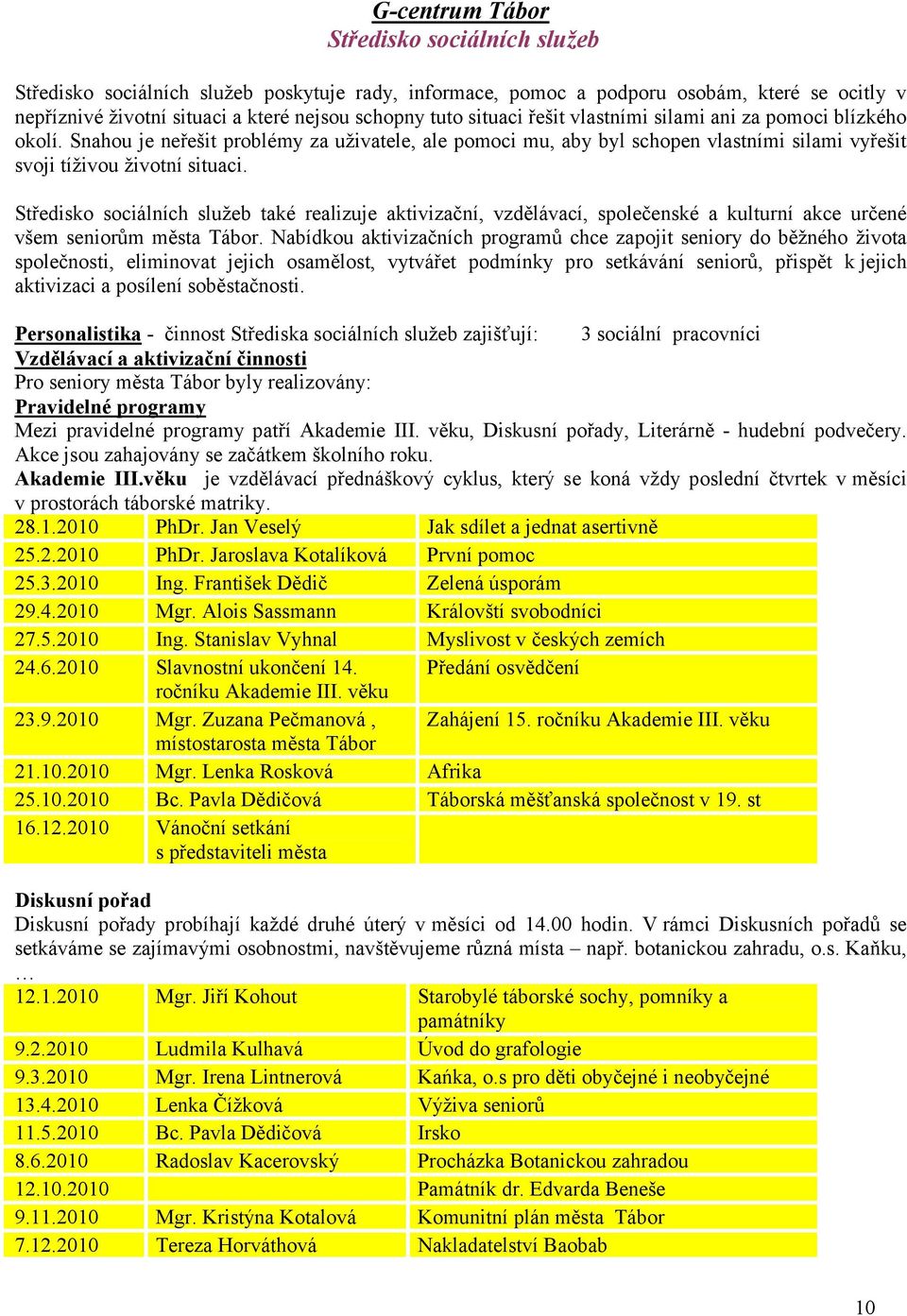 Středisko sociálních služeb také realizuje aktivizační, vzdělávací, společenské a kulturní akce určené všem seniorům města Tábor.