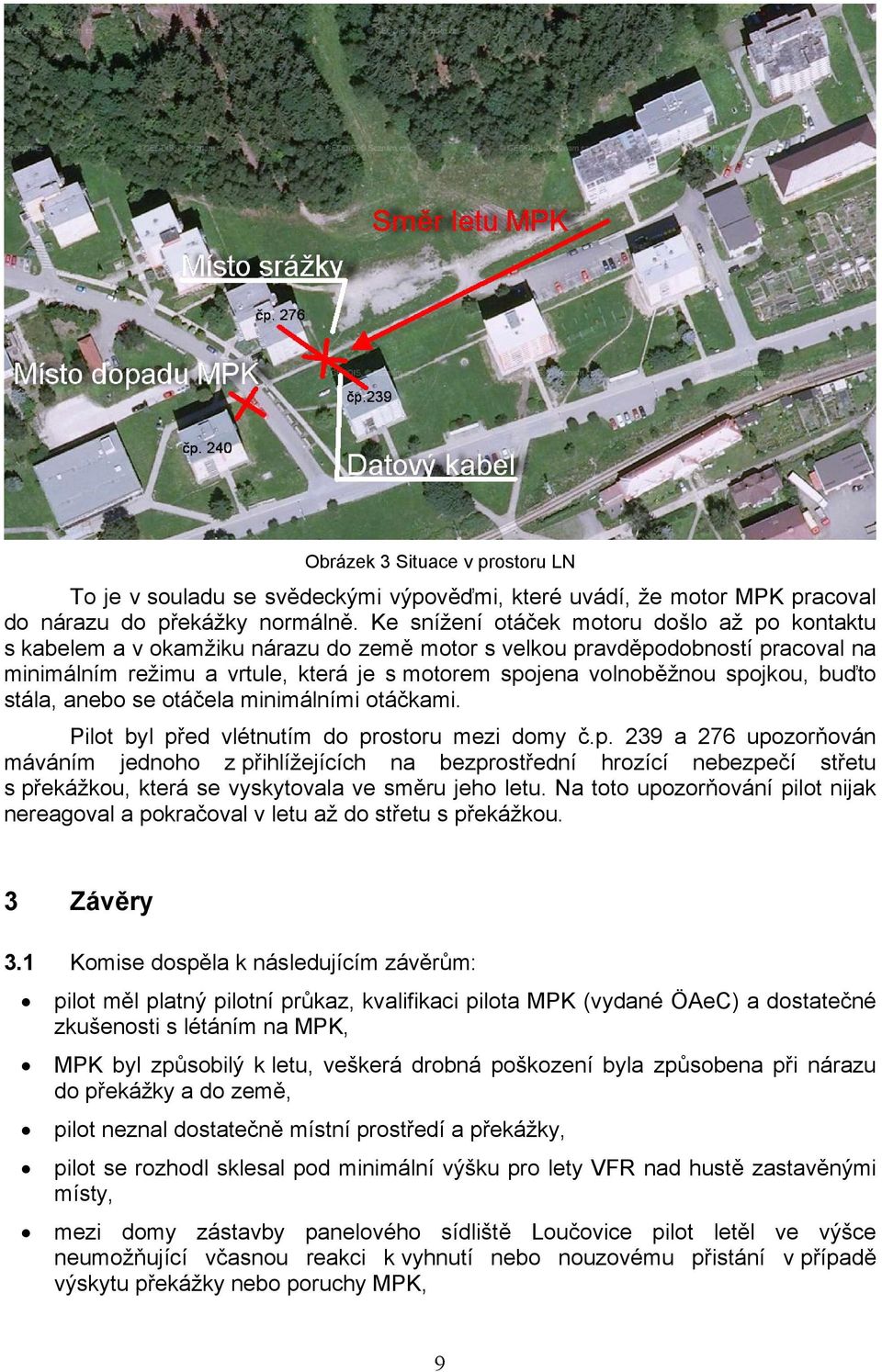 spojkou, buďto stála, anebo se otáčela minimálními otáčkami. Pilot byl před vlétnutím do prostoru mezi domy č.p. 239 a 276 upozorňován máváním jednoho z přihlížejících na bezprostřední hrozící nebezpečí střetu s překážkou, která se vyskytovala ve směru jeho letu.