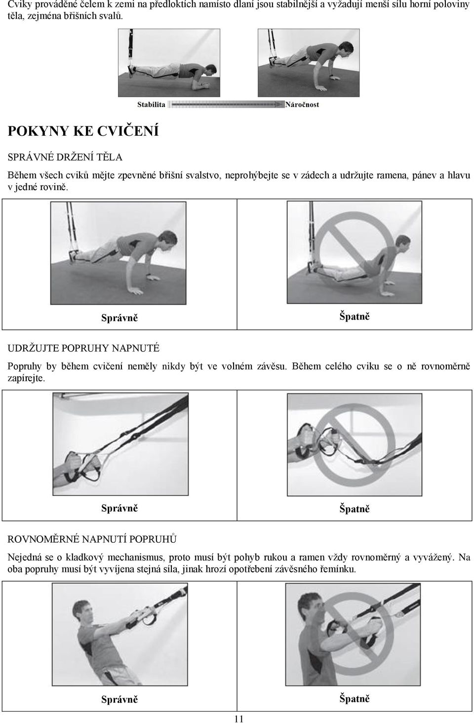 Správně Špatně UDRŽUJTE POPRUHY NAPNUTÉ Popruhy by během cvičení neměly nikdy být ve volném závěsu. Během celého cviku se o ně rovnoměrně zapírejte.