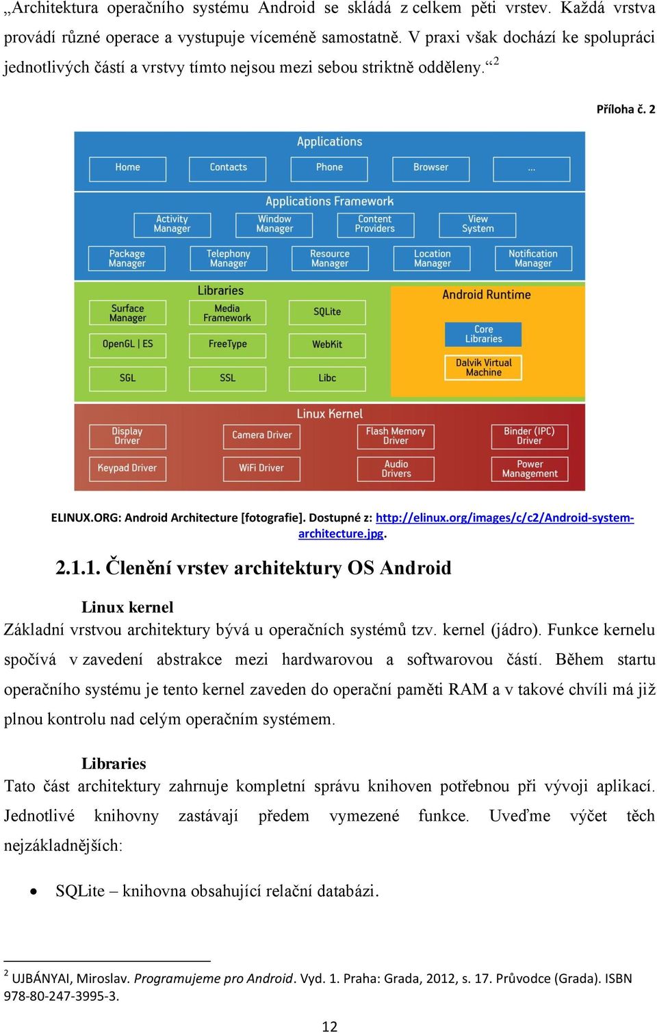 org/images/c/c2/android-systemarchitecture.jpg. 2.1.1. Členění vrstev architektury OS Android Linux kernel Základní vrstvou architektury bývá u operačních systémů tzv. kernel (jádro).