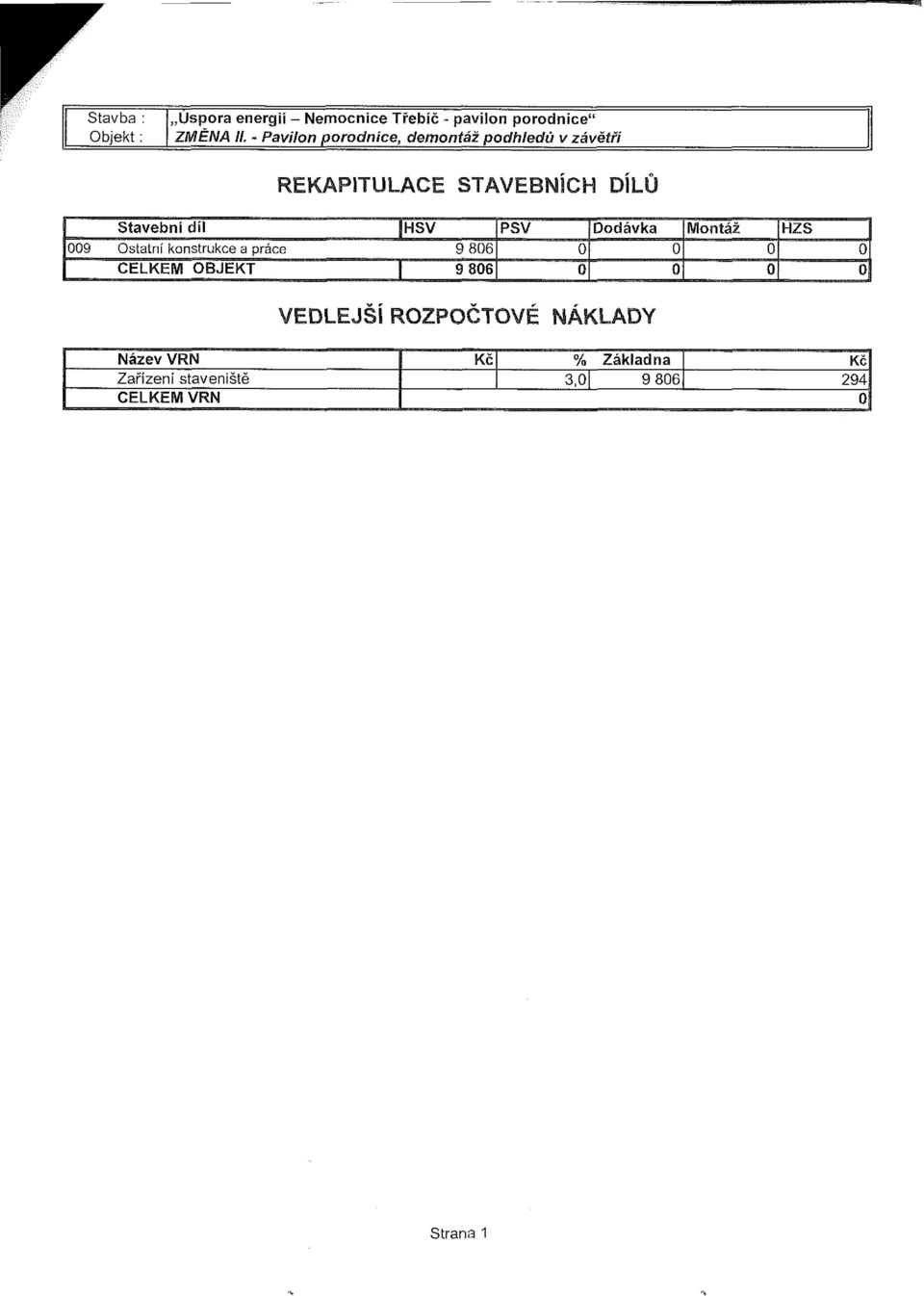 PSV Dodávka Montáž HZS I 009 Ostatní konstrukce a práce 9 806 0 0 0 oj CELKEM OBJEKT f 9 806 0 0
