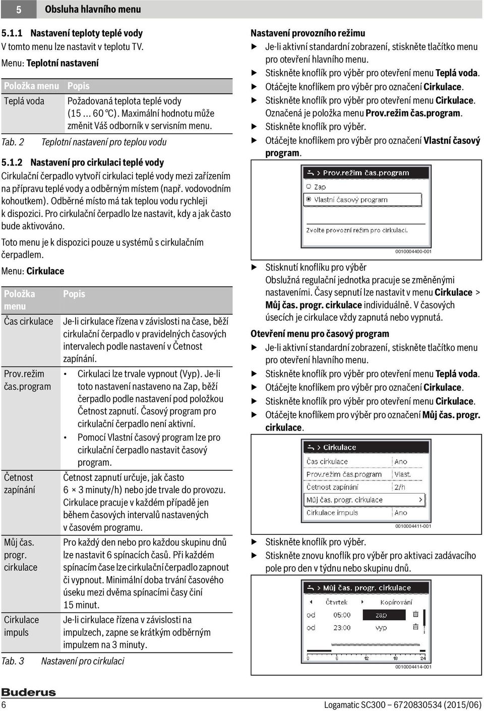 Toto menu je k dispozici pouze u systémů s cirkulačním čerpadlem. Menu: Cirkulace Položka menu Čas cirkulace Prov.režim čas.program Četnost zapínání Můj čas. progr. cirkulace Cirkulace impuls Tab.