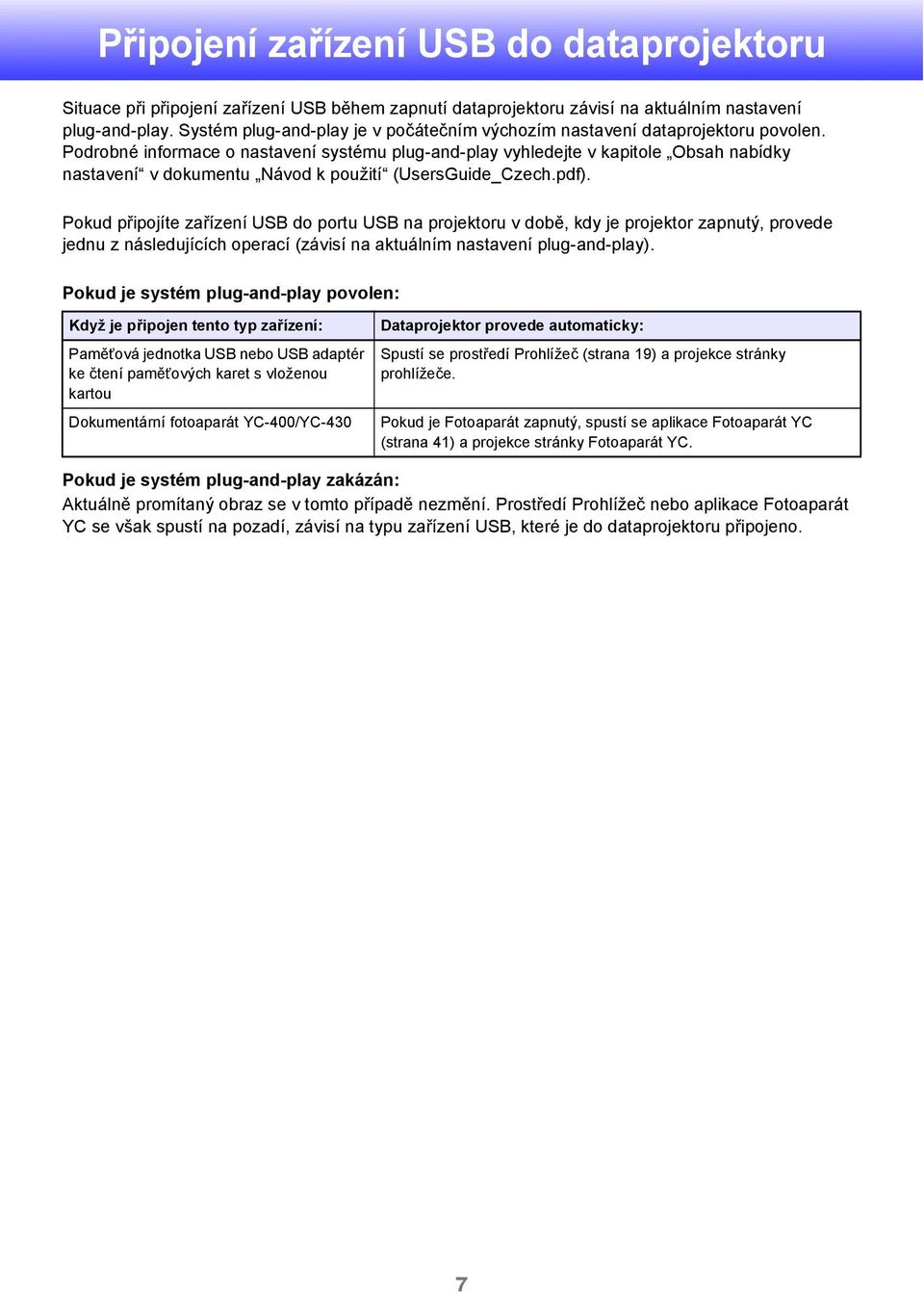 Podrobné informace o nastavení systému plug-and-play vyhledejte v kapitole Obsah nabídky nastavení v dokumentu Návod k použití (UsersGuide_Czech.pdf).