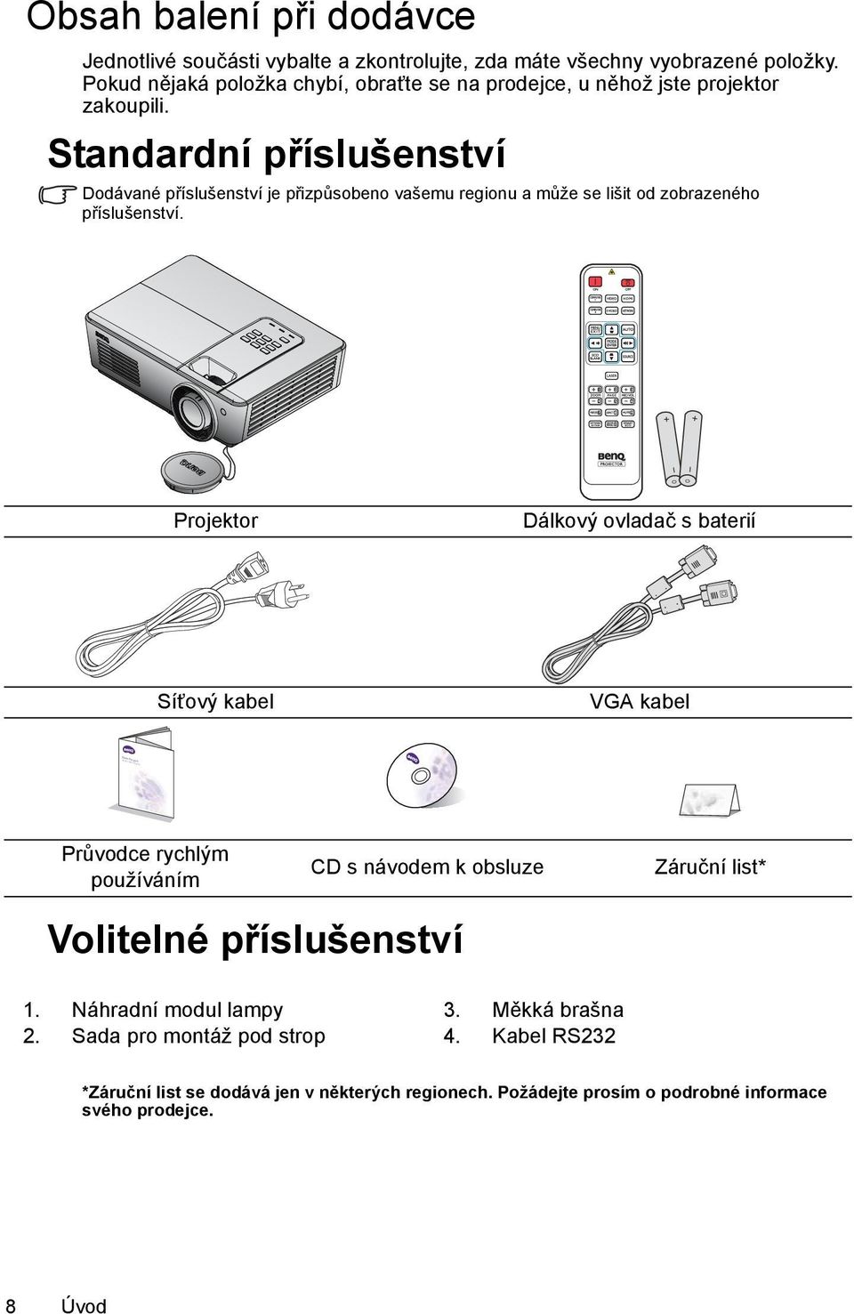 Standardní příslušenství Dodávané příslušenství je přizpůsobeno vašemu regionu a může se lišit od zobrazeného příslušenství.