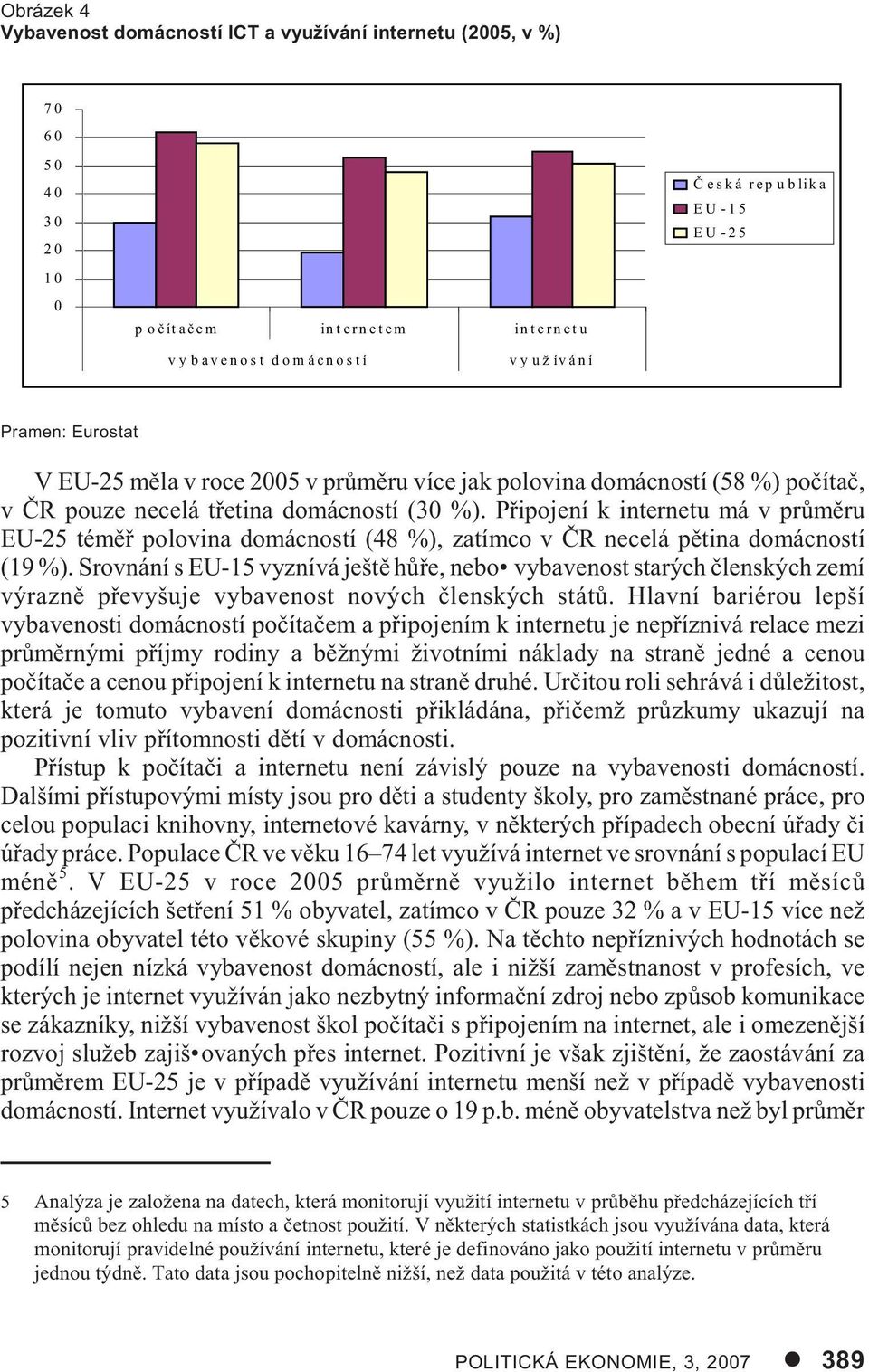 Pøipojení k internetu má v prùmìru EU-25 témìø polovina domácností (48 %), zatímco v ÈR necelá pìtina domácností (19 %).