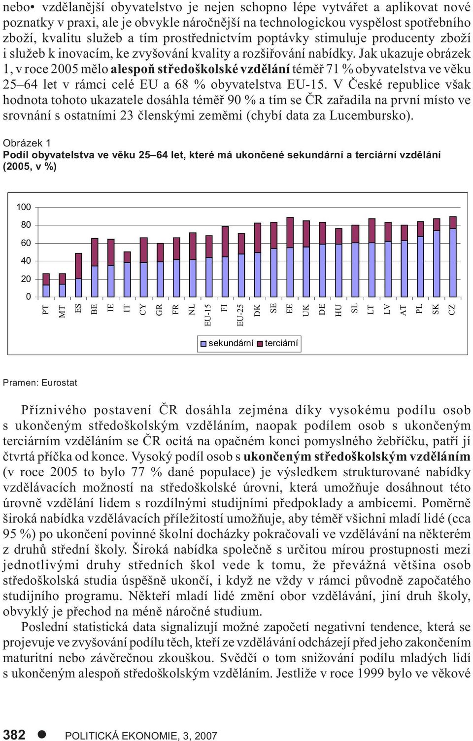 Jak ukazuje obrázek 1, v roce 2005 mìlo alespoò støedoškolské vzdìlání témìø 71 % obyvatelstva ve vìku 25 64 let v rámci celé EU a 68 % obyvatelstva EU-15.