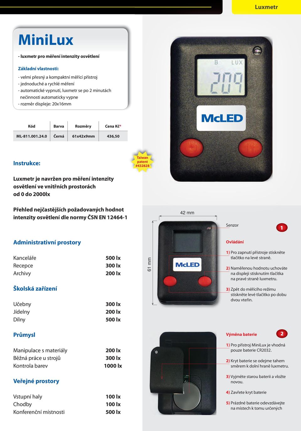 0 Černá 61x42x9mm 436,50 Instrukce: Taiwan patent #432828 Luxmetr je navržen pro měření intenzity ve vnitřních prostorách od 0 do 2000lx Přehled nejčastějších požadovaných hodnot intenzity dle normy