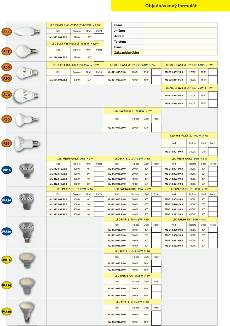 0 2700K 180 Firma: Jméno: Adresa: Telefon: Email: Zákaznické číslo: BULB A50 MILKY (E27) 25W > 3,5W BULB A60 MILKY (E27) 40W > 7W BULB A60 MILKY (E27) 60W > 10W Úhel Počet ML321.005.95.