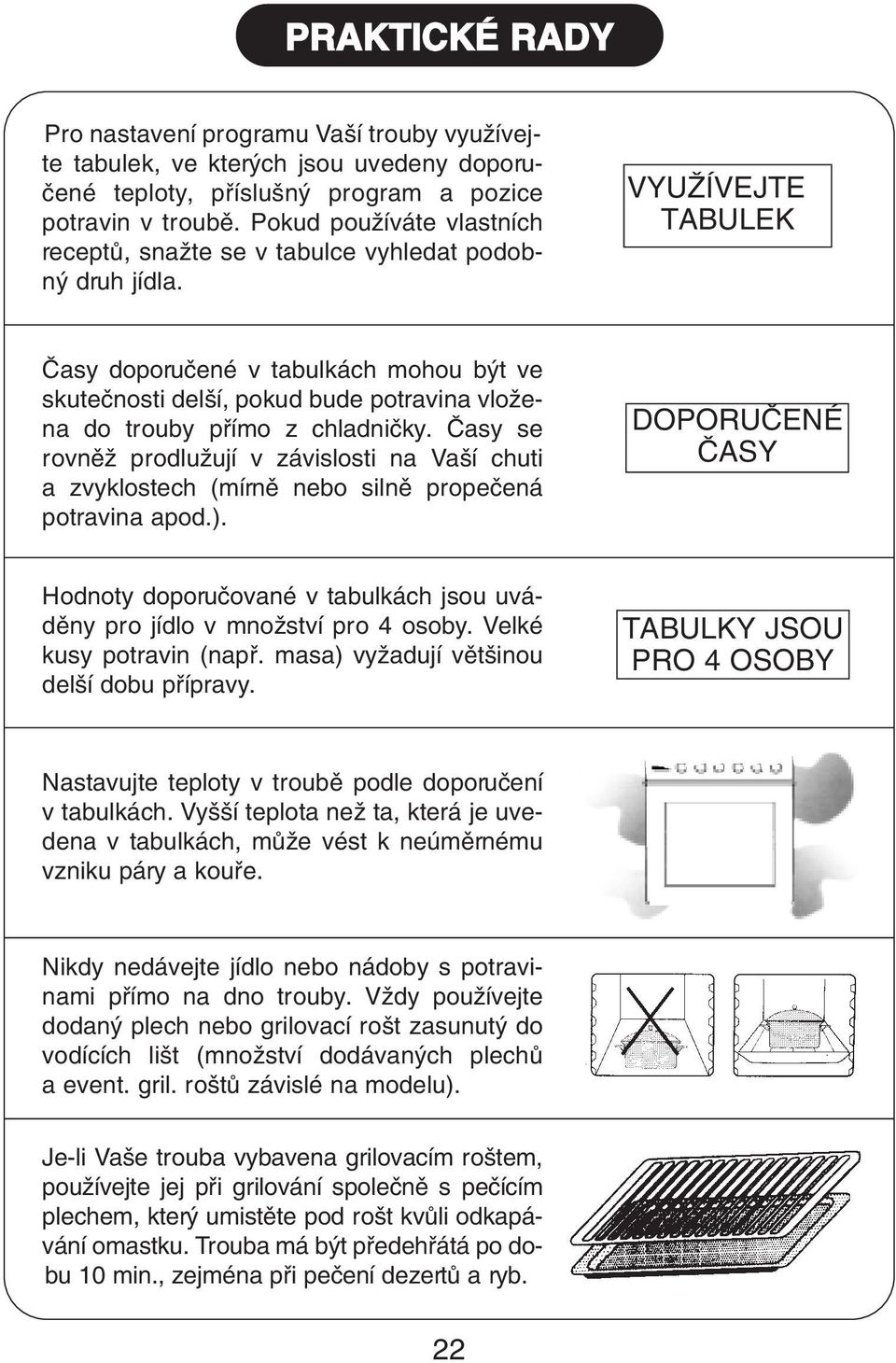 VYUÎÍVEJTE TABULEK âasy doporuãené v tabulkách mohou b t ve skuteãnosti del í, pokud bude potravina vloïena do trouby pfiímo z chladniãky.