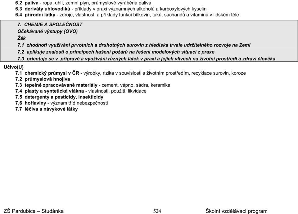 1 zhodnotí využívání prvotních a druhotných surovin z hlediska trvale udržitelného rozvoje na Zemi 7.2 aplikuje znalosti o principech hašení požár na ešení modelových situací z praxe 7.